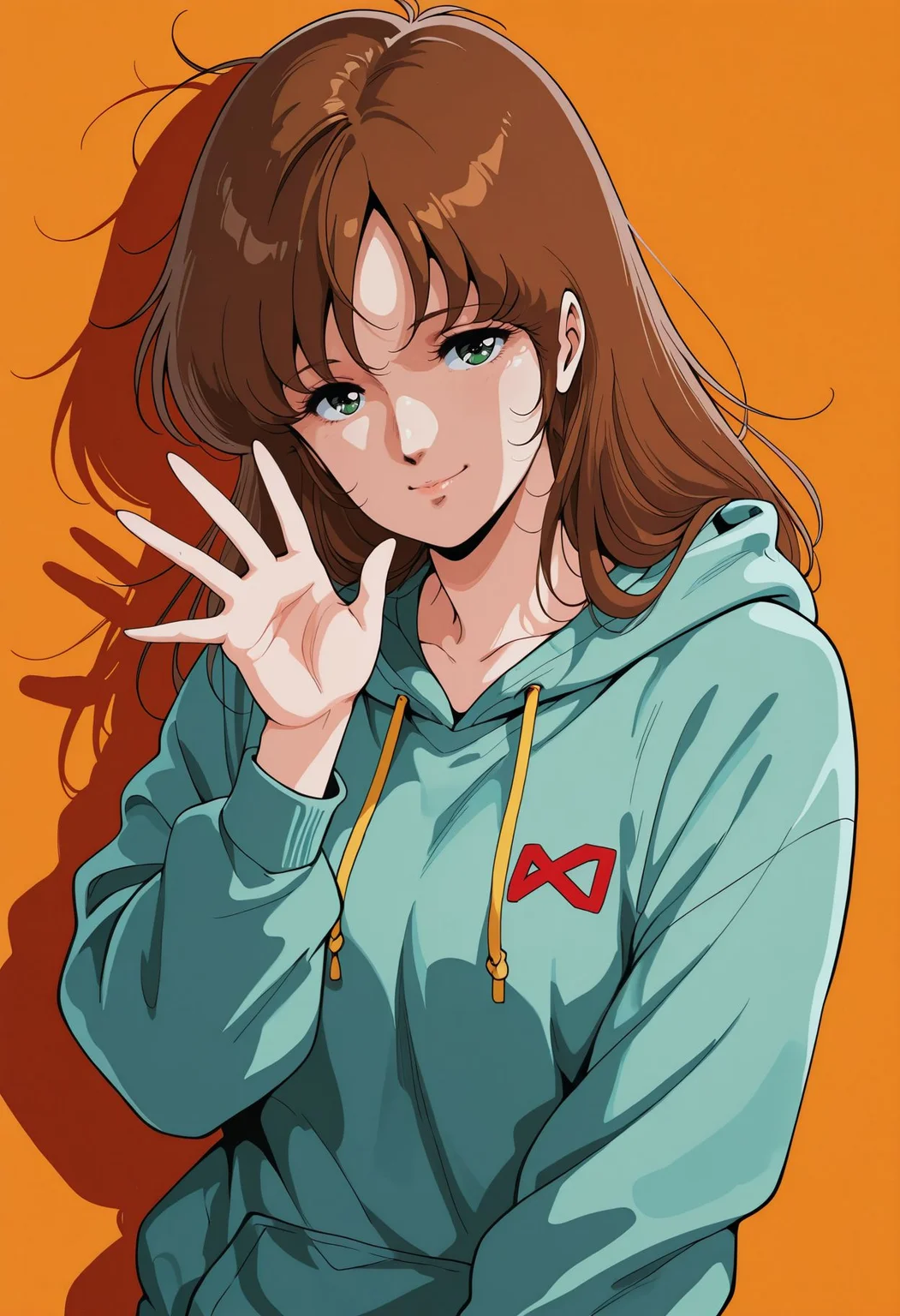 masterpiece,best quality,amazing quality, absurdres, <lora:hayase_misa_the_super_dimension_fortress_macross_ilxl_goofy:1> hayase misa,1980s \(style\) ,green eyes, brown hair, 1girl, aqua hoodie, casual, closed mouth, curled fingers, drawstring, drop shadow, hand up, hood, hood down, hoodie, long sleeves, looking at viewer, loose hair strand, messy hair, orange background, portrait, simple background, smile, solo, spread fingers, upper body