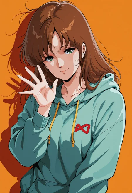 masterpiece,best quality,amazing quality, absurdres, <lora:hayase_misa_the_super_dimension_fortress_macross_ilxl_goofy:1> hayase misa,1980s \(style\) ,green eyes, brown hair, 1girl, aqua hoodie, casual, closed mouth, curled fingers, drawstring, drop shadow, hand up, hood, hood down, hoodie, long sleeves, looking at viewer, loose hair strand, messy hair, orange background, portrait, simple background, smile, solo, spread fingers, upper body