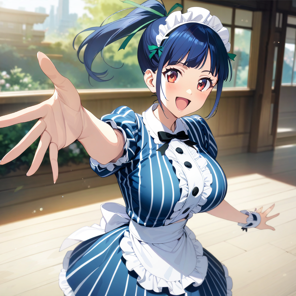 ami_tsuruga, red eyes, blue hair, ponytail, long hair, large breasts, maid outfit, striped outfit, blue outfit, cowboy shot, 1girl, solo, portrait, smile, open mouth, hand reaching out, <lora:XL-AmiTsuruga:1>, (masterpiece),(best quality),(ultra-detailed),(best illustration),(best shadow),(absurdres),(detailed background),(very aesthetic),