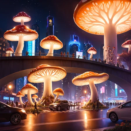 mushroom metropolis, mushroom architecture, intricate details, fantastical urban environment, mushroom lamppost, mushrom pillar, mushroom tree, busy traffic, lots of motor vehicle, people walking on sidewalk, overpass highway, glowing structures, vibrant city lights, hyper-realistic, detailed landscape, cinematic view, professional shot, ethereal glow, wide shot, dusk setting
<lora:SDXLHighDetail_v5:1> <lora:Chiaroscuro Lighting Style:1> Chiaroscuro Lighting Style, partially covered in shadow <lora:volumetric lighting style v2:1> volumetric lighting style, lens flare,