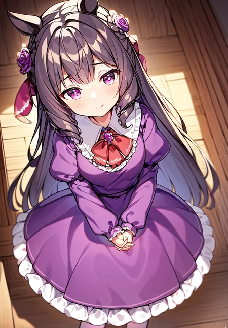 ((masterpiece, best quality)),
,Daiichi Ruby,horse ear, (purple_dress,purple_skirt), long_skirt,flower, frills, hair flower, interlocked fingers, long sleeves,own hands together, puffy sleeves, red flower, solo, white pantyhose,white legwear,small_breasts,
looking at viewer, ((View from a little higher up)),(Quiet expression),stand,smile,full body,
<lora:Daiichi Ruby_v1:0.7:ALL1>