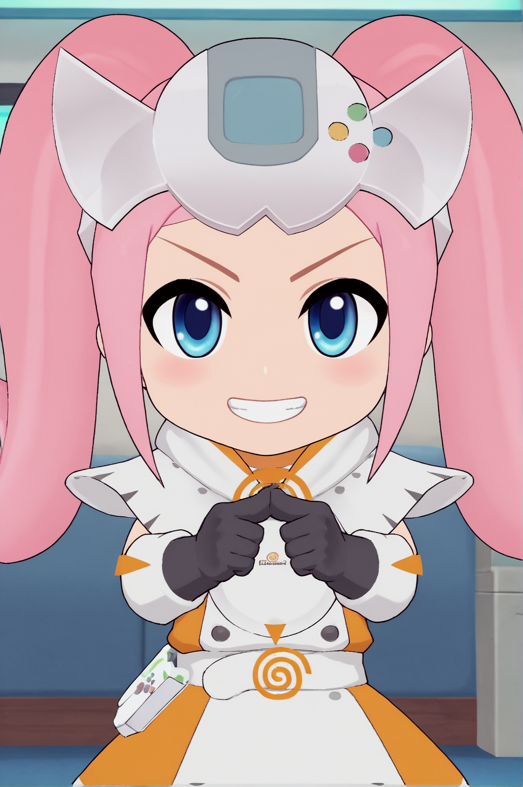 score_9, score_8_up, score_7_up,anime_source, source_anime, best background, detailed background, anime screencap,  Dreamcast, 1girl, black gloves, game console, gloves, looking at viewer, solo, chibi, grin, victory pose, victory fingers,   indoors,  <lora:JN_Dreamcast:0.8>