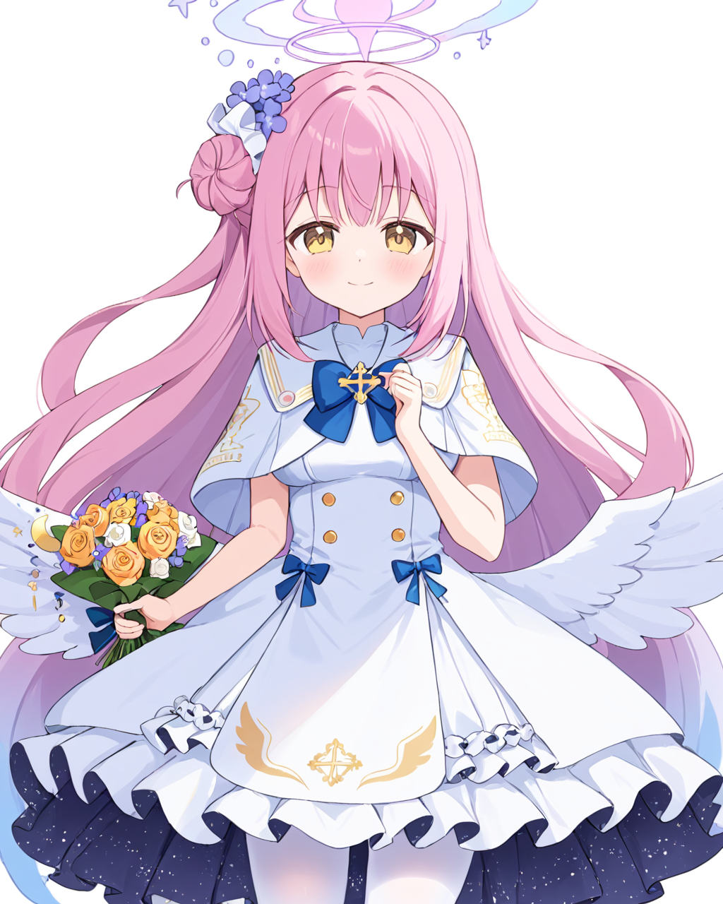 mika \(blue archive\),1girl, white_dress, solo, smile, halo, single_side_bun, looking_at_viewer, white_background, simple_background, frilled_dress, holding_bouquet, hair_flower, purple_flower, blue_bow, rose, blush, capelet, scrunchie, closed_mouth, white_wings, blue_flower, white_pantyhose
<lora:mika_(blue_archive)_image1356_2023-11-18_spv-000030:1>,halo,. gorgeous,key visual, vibrant, studio anime,award-winning, professional, highly detailed,high budget, cinemascope