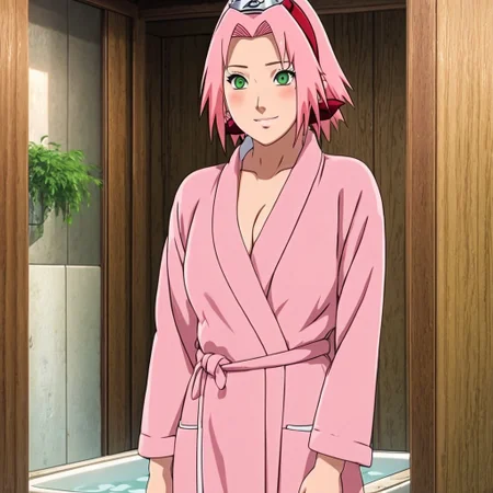 A hot sexy and naughty picture of Sakura Haruno taking a bath wearing a pink bathrobe ; sexy beautiful body ; standing full-body view ; naughty teasing smile ; forehead mark and green eyes