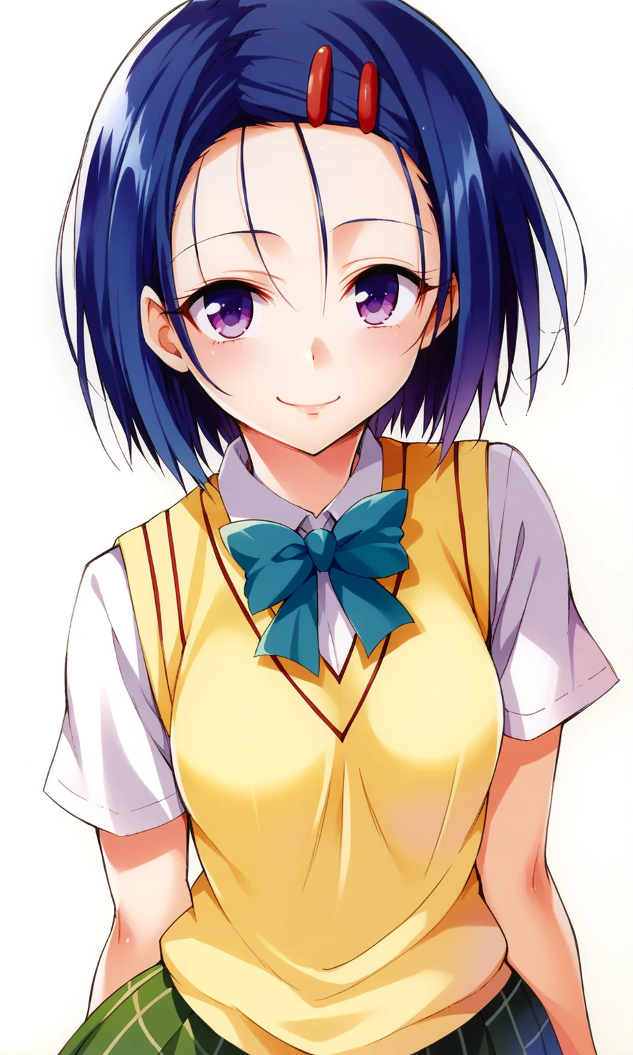score_9, score_8_up, yabukikentarou, BREAK
sairenji haruna, purple eyes, blue hair, short hair, hairclip, small breasts, school uniform, (skirt:1.1), (plaid skirt:1.1), sweater vest, looking at viewer, light smile, upper body,
<lora:YabukiKentarou_Pony_V2:1>