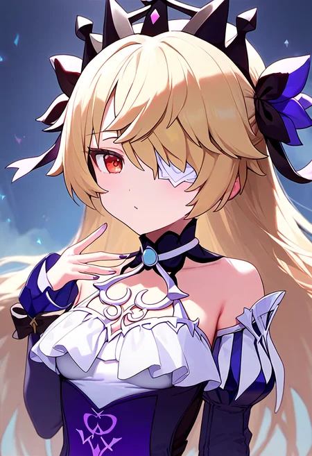 score_9,score_8_up,score_7_up, fischl_(genshin_impact), blonde_hair, fischl_(ein_immernachtstraum)_(genshin_impact), highres,official_alternate_costume, red_eyes, long_hair, 1girl, eyepatch, detached_sleeves, tiara, hair_over_one_eye, bare_shoulders, purple_dress