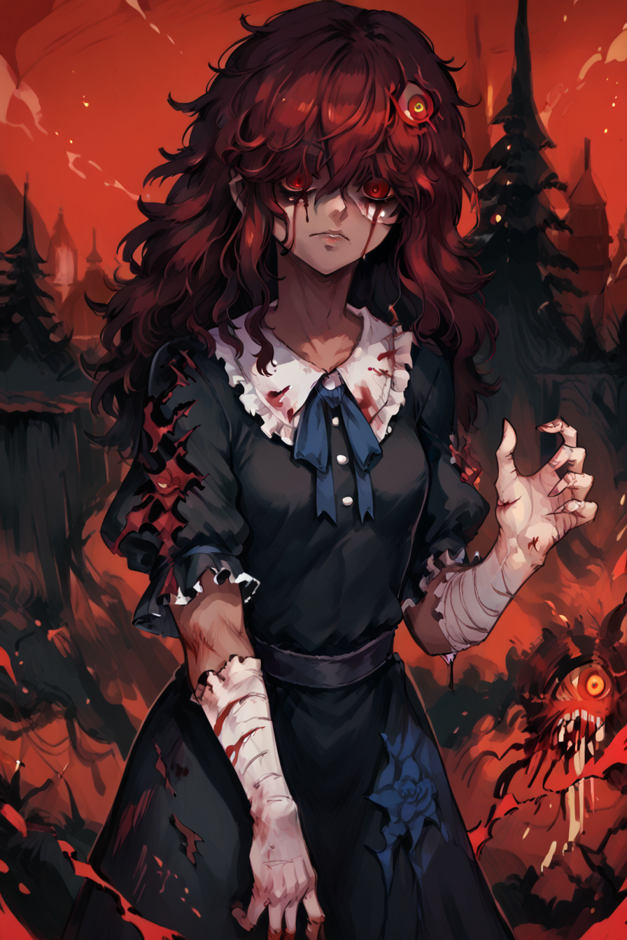 score_9, score_8_up, score_7_up, score_6_up, score_5_up, source anime, ((dark skin)), looking at viewer, realistic background, asymmetrical room, night, outdoors, cliffs, mountains, standing,  (cowboy shot), evil smile, (solo), multicolored hair, red hair, white hair, messy hair, wild hair, long hair, hair over eyes, red eye,   bloodstained hair, scar, burn scars, burned face, bloodstained dress, injured, wounded, bloody, (horror), zombie, corpses, grimdark,  <lora:f3nn3rXLP:0.9> , f3nn3r, red, black, (trippy),  <lora:h3ll1shXLP:0.9> , h3ll1sh, small breasts,  <lora:LFashionPDXL:0.8> , zzLFashion, black frilled dress, frills, bow, black dress, pantyhose,