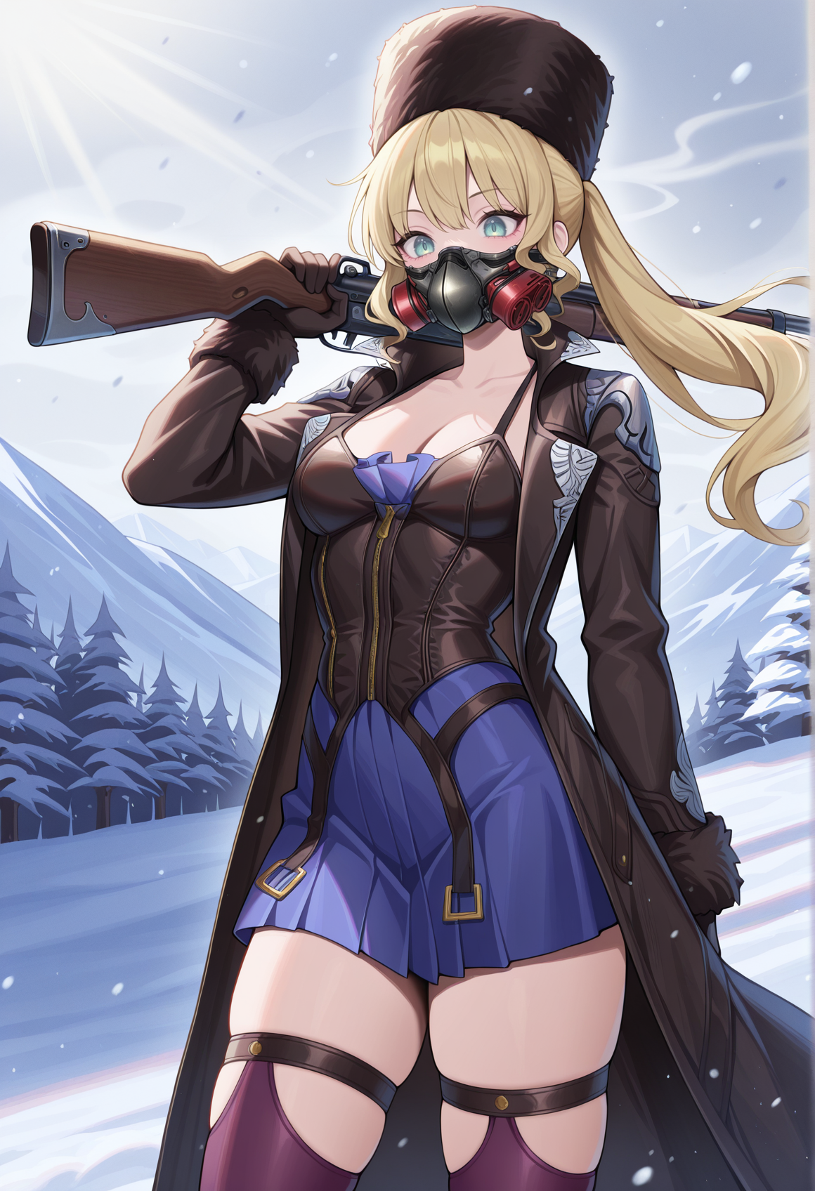 1girl, long hair, blonde hair, twintails, short dress, corset, elbow gloves, thighhighs, thigh strap, coat, fur hat, gas mask, weapon over shoulder, holding rifle, outdoors, wind, snow  <lora:Mia_code_vein:1>, masterpiece, best quality, amazing quality, very aesthetic, absurdres, highres, newest