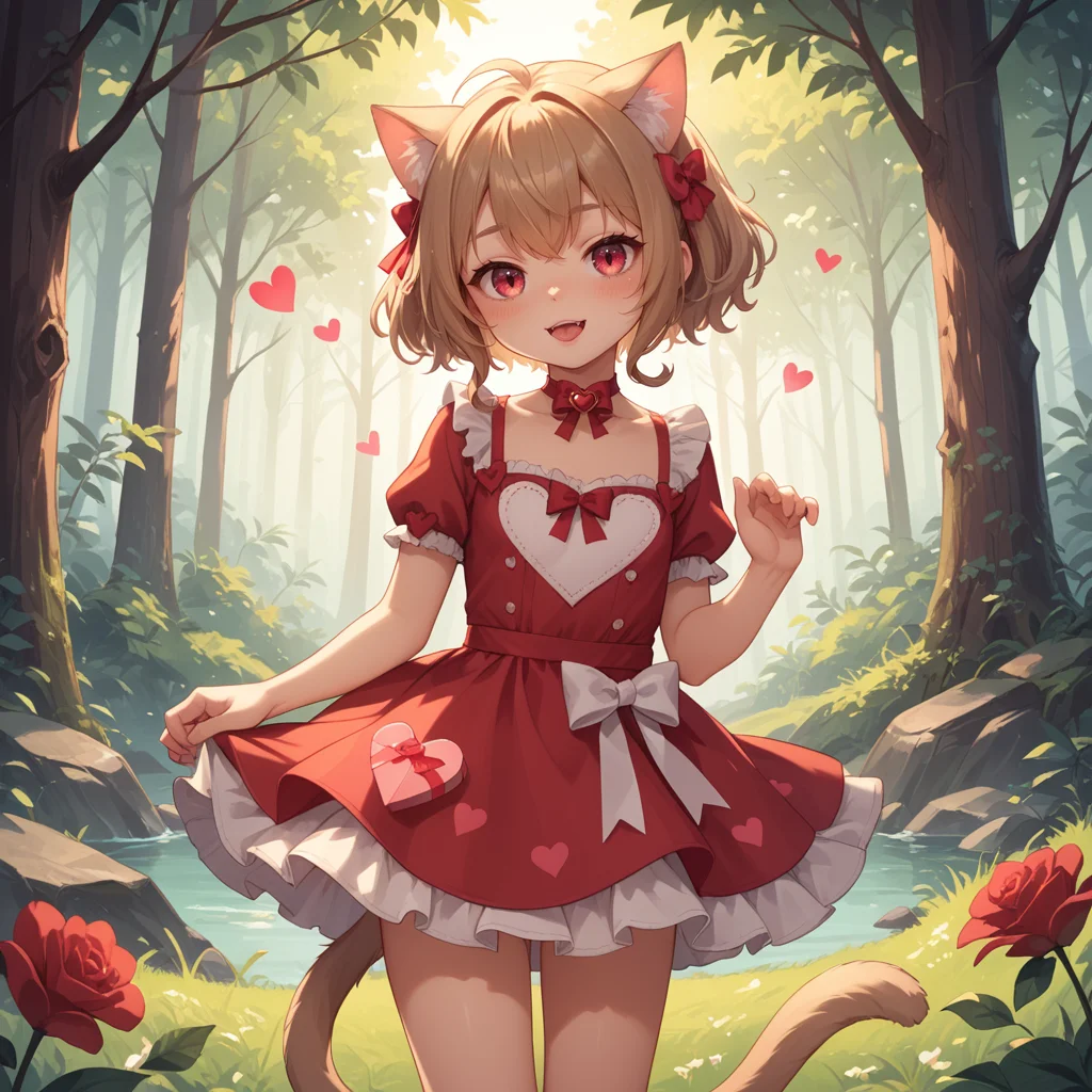 score_9, score_8_up, score_7_up, score_6_up, 1girl, cat ears, cat tail, small breast, Valentine's Day, forest, <lora:StS-Illustrious-Detail-Slider-v1.0:2>, hearts, dress,
