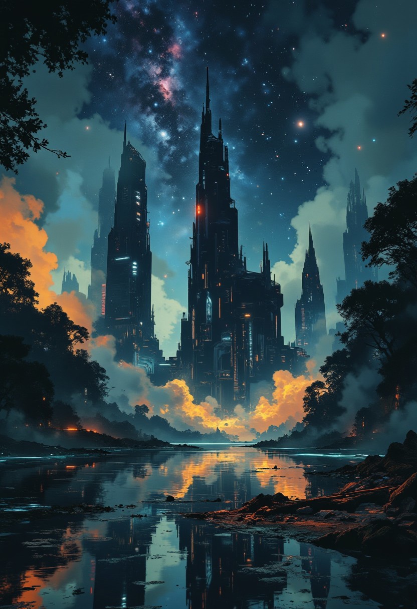 A digital painting in the style of ck-js, detailed photograph, a futuristic sci-fi city with tall towers and skyscrapers of chrome and glass, perfectly reflected in a tranquil, still lake, at night, detailed night sky with stars and nebulas