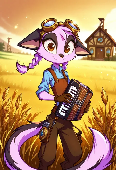 Dreamkeepers,1girl,Prelude_Vi,solo,furry,tail,source_furry,hazel eyes,
child, kid,
masterpiece, best quality, long hair, twin braids, farmer outfit,(steampunk), goggles, googles on head, bag, wheat field, outdoors, wind, accordion, holding instrument, playing instrument, gloves, wheat, sunset, farm, house, scenery, landscape, blurry, blurry background, looking at viewer, smile