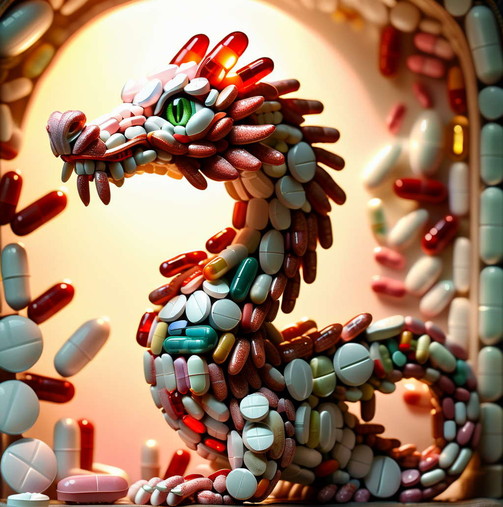 pills dragony with pills, beautiful lighting and framing, a very detailed masterpiece <lora:pills:1>