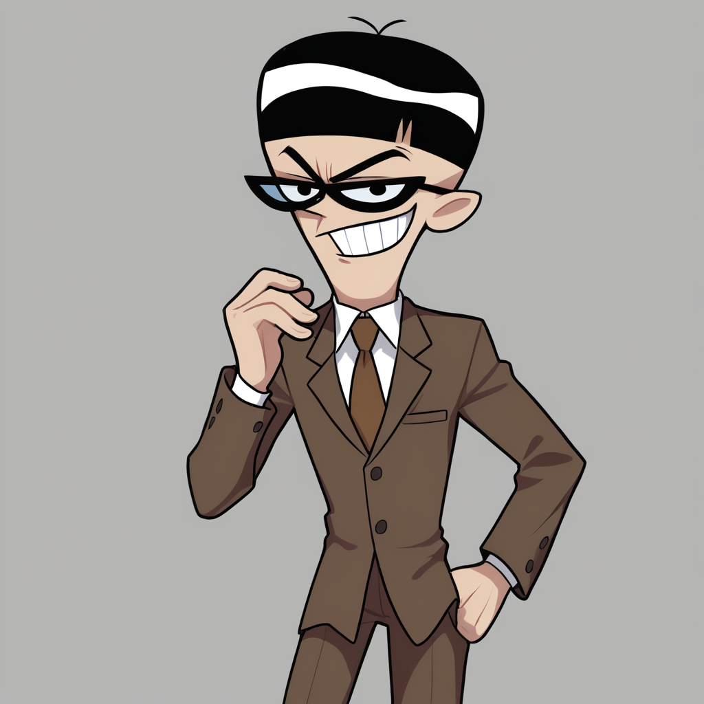 score_7_up, BREAK, Mandark, 1boy, solo, black hair, black eyes, glasses, shirt, brown necktie,   <lora:Mandark_PXL_Leaf1:1>, cowboy shot, formal, brown suit, pants, evil grin,