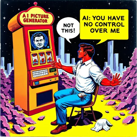 Side view man sits in front large tall slot machine without reels named:"AI picture generator",its screen has half clear half deformed picture. The man is in angry shouting , at the slot machine position, his face is red with anger arms spread with palms open, above him speech bubble text :"Not THIS!". From his pants side pockets falls white towel to the floor,
From the machine squire message box yellow on black aidmaTextImprover with text:"AI: you have no control over me". piles of broken pictures encircle, background piles of broken pictures incomplete pictures , 1950s pulp art style
, Perfect hand, aidmaTextImprover