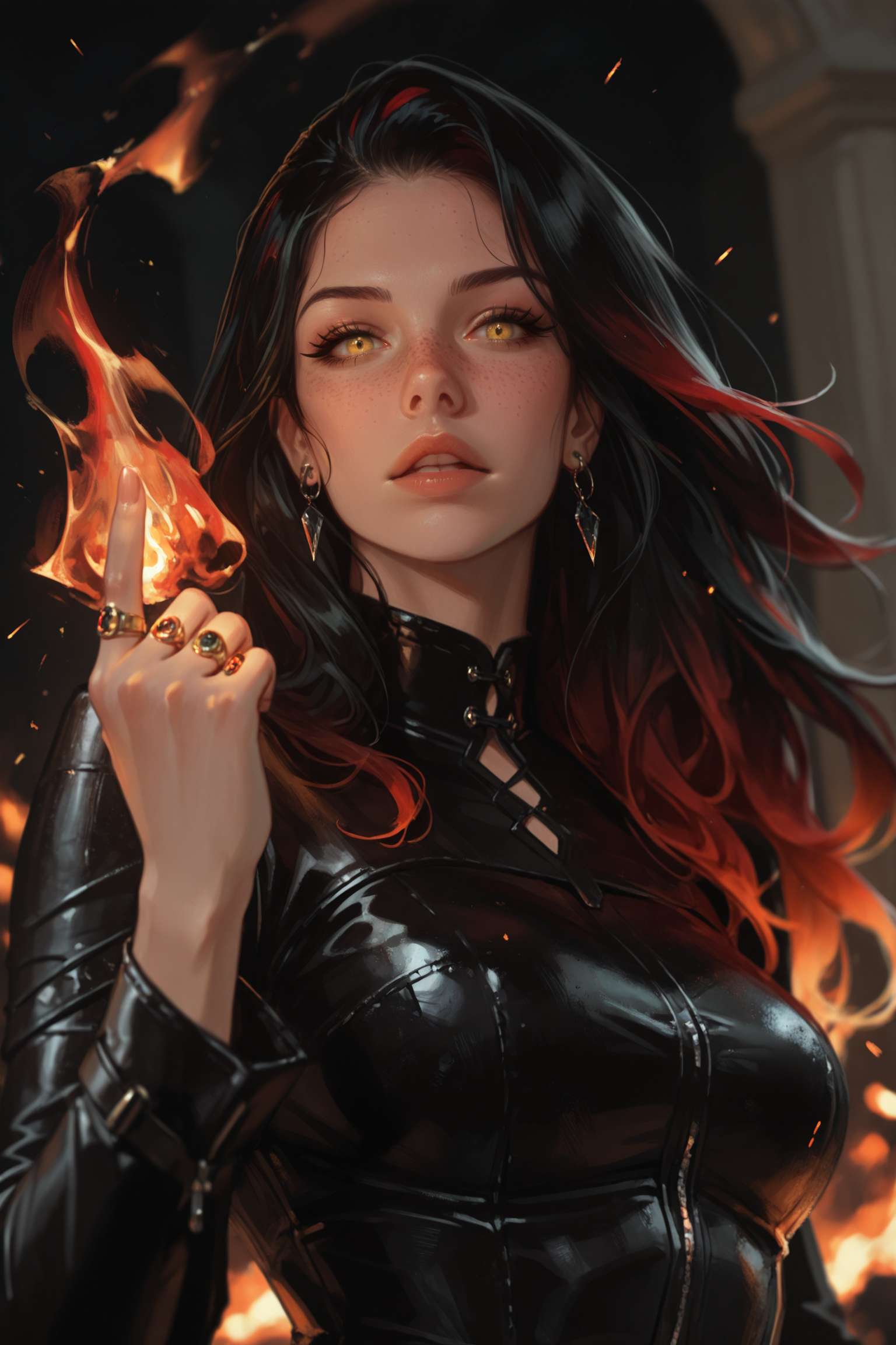 1girl, jewelry, solo, earrings, looking at viewer, multicolored hair, black hair, freckles, ring, fire, upper body, breasts, red hair, gradient hair, yellow eyes, parted lips, long sleeves, lips, , long hair, index finger raised, embers, magic, two-tone hairmedium breasts, hand up, fingernails, eyelashes, leather, masterwork, masterpiece, best quality,  detailed, depth of field, , high detail, best quality, very aesthetic, 8k, dynamic pose, depth of field, dynamic angle, adult,  aged up