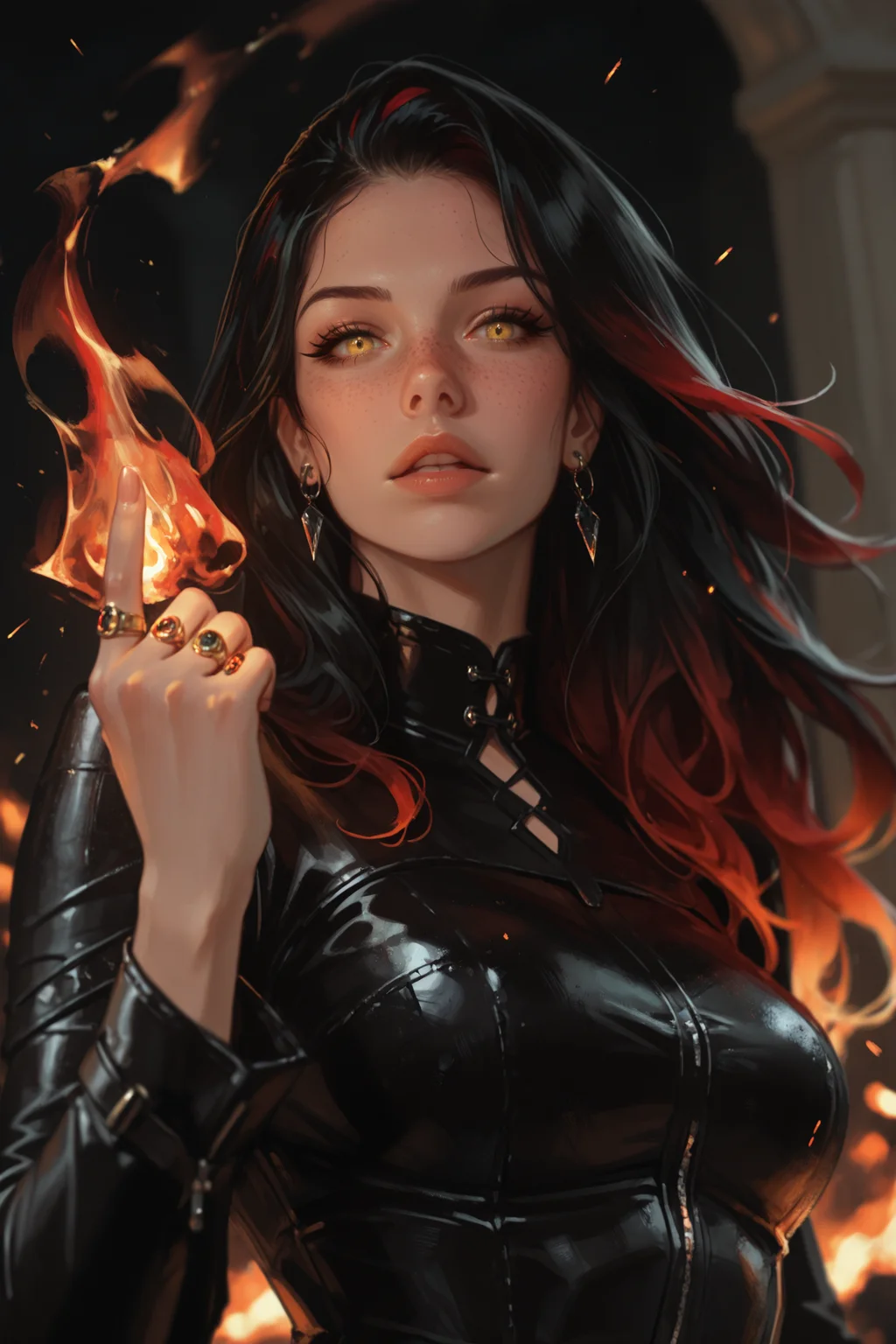 1girl, jewelry, solo, earrings, looking at viewer, multicolored hair, black hair, freckles, ring, fire, upper body, breasts, red hair, gradient hair, yellow eyes, parted lips, long sleeves, lips, , long hair, index finger raised, embers, magic, two-tone hairmedium breasts, hand up, fingernails, eyelashes, leather, masterwork, masterpiece, best quality,  detailed, depth of field, , high detail, best quality, very aesthetic, 8k, dynamic pose, depth of field, dynamic angle, adult,  aged up