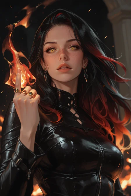 1girl, jewelry, solo, earrings, looking at viewer, multicolored hair, black hair, freckles, ring, fire, upper body, breasts, red hair, gradient hair, yellow eyes, parted lips, long sleeves, lips, , long hair, index finger raised, embers, magic, two-tone hairmedium breasts, hand up, fingernails, eyelashes, leather, masterwork, masterpiece, best quality, detailed, depth of field, , high detail, best quality, very aesthetic, 8k, dynamic pose, depth of field, dynamic angle, adult, aged up