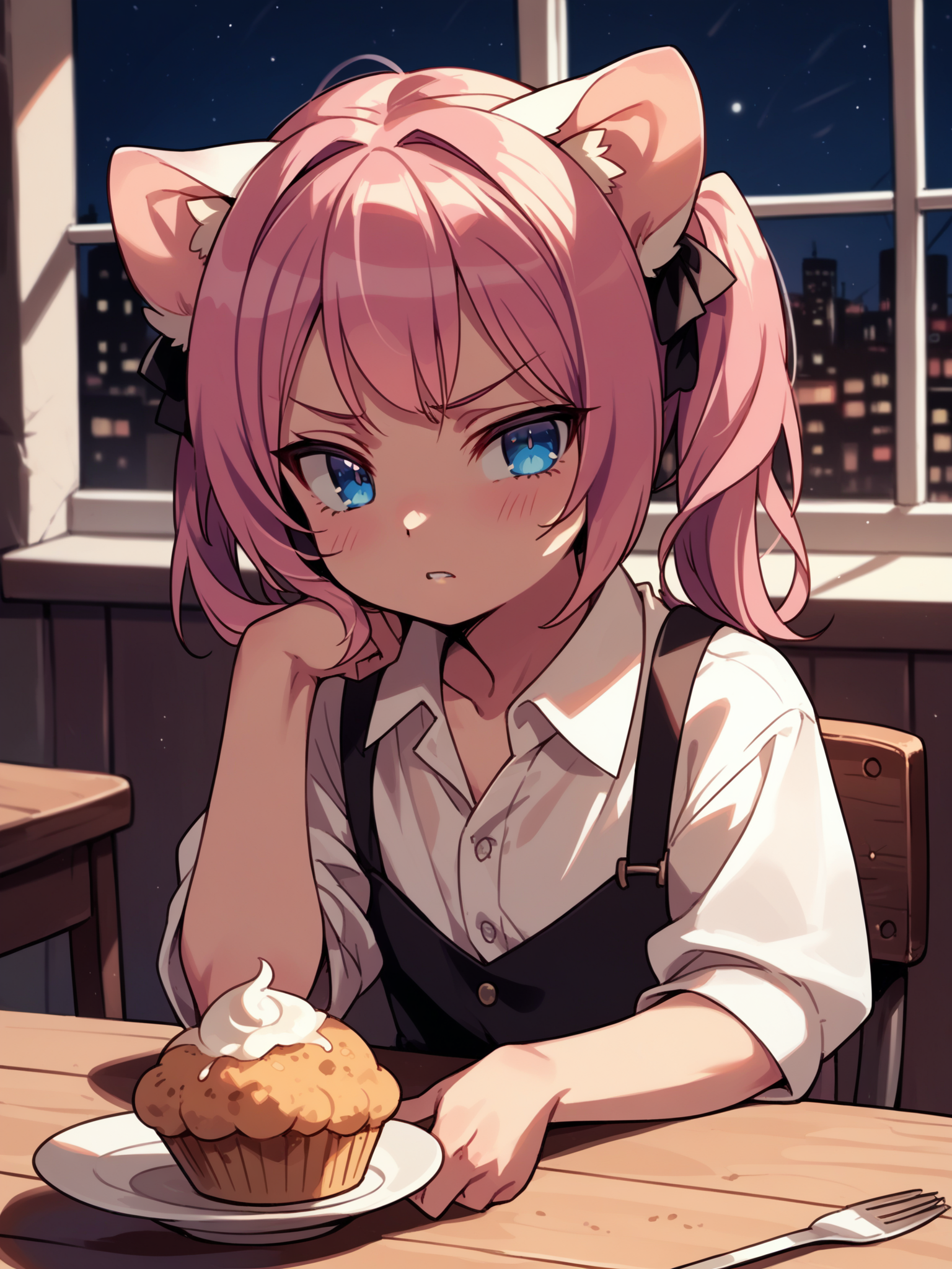 (solo focus, upper body:1.2) <lora:happy_tentacle-necomimi-v0.1-000028:1>, ht_necomimi, pink hair, blue eyes, animal ears, (petite:1.2), ( :1.1) ( , , (annoyed :1.2) , parted lips , looking back :1) , indoors, ((night, night sky :0.6), :0.8), ( window :0.9), (furniture:0.9), , , , , (gothic architecture :0.8) , fast food , (chair, table:0.5), (muffin , beer :0.8) ( :0.8) score_9, score_8_up, score_7_up, score_6_up, score_5_up, score_4_up, ( [(realistic, photorealistic:1.3):(realistic:1.3):14] [(3d:1.2)::12] :1) <lora:LUUNA's Lunas-NijiJourney-SDXL-B2:0.3>, nijijourney <lora:prgfrg23's Counterfeit-V3.0 Style SDXL_LoRA_Pony Diffusion V6 XL:0.3> <lora:mfcg's mfcgXL:0.12> <lora:reweik's gyokai(himehajime)_PonyXL_style_v01:0.14>