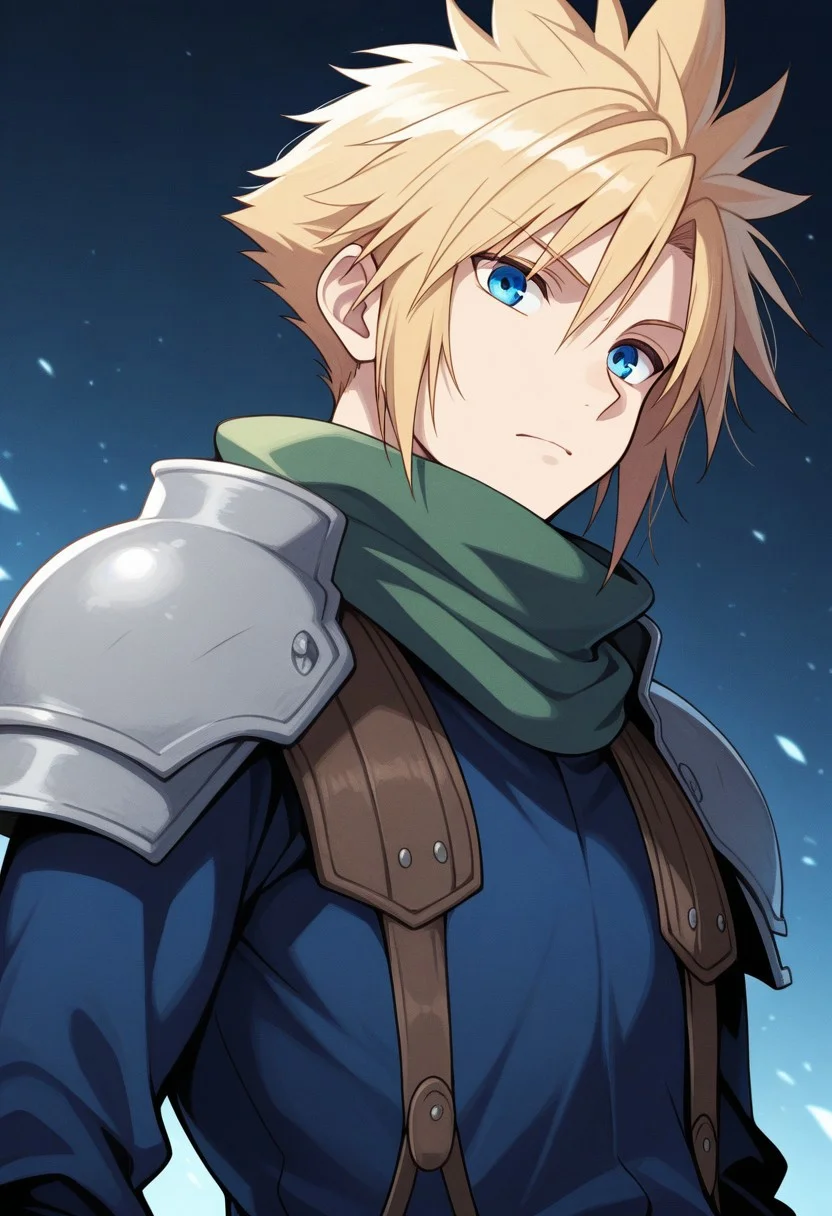 masterpiece,best quality,amazing quality, source_anime,
SoutouKumo, 1boy, male focus, solo, blue eyes, blonde hair, spiked hair, shoulder armor, scarf, green scarf, blue shirt,
