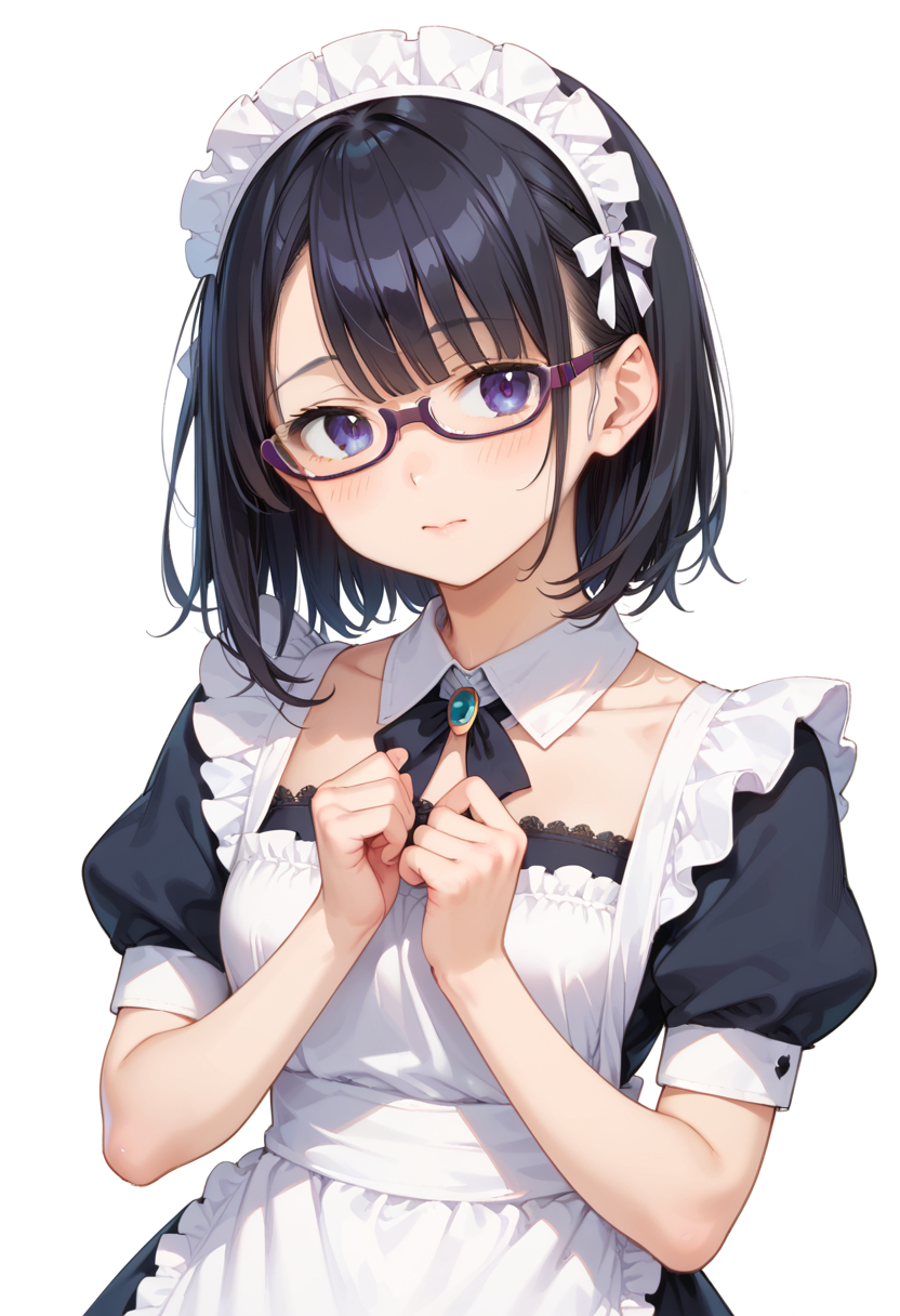 score_9, score_8_up, score_7_up, rating_safe, masterpiece, best quality, absurdres, unity 8k wallpaper, official art, official style, source_anime, uncensored, game cg, megami magazine,
1girl, solo, black hair, medium hair, upper body, covered eyes,maid, maid headdress, black dress, maid apron, face focus,
underrim_cell, glasses, still life, white background, simple background, under-rim eyewear, purple-framed eyewear, 
 <lora:glasses_underRimCell_PONY_V1:1>