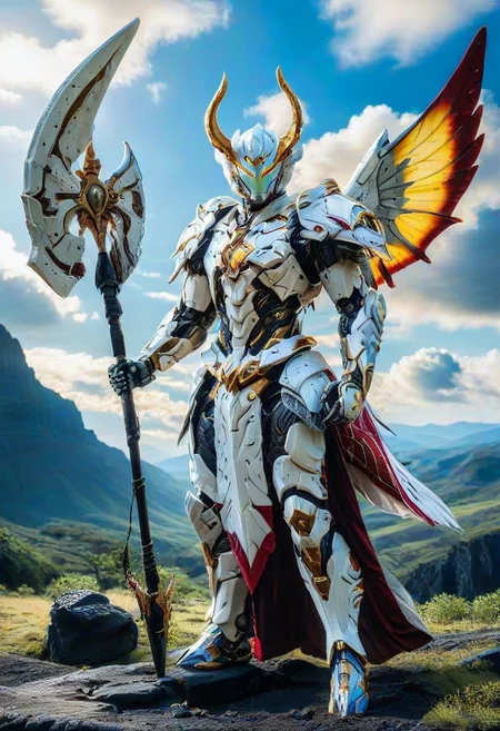score_9, score_8_up, score_7_up, score_6_up, score_5_up, score_4_up, vibrant colors, easynegative, dramatic lighting, novuschroma53 style, easynegative, Cyborg toy made of plastic, action figure, cyborg Angel, wings, holding spear and shield, white and silver armor, gold highlights, bright sun, blue sky, clouds
