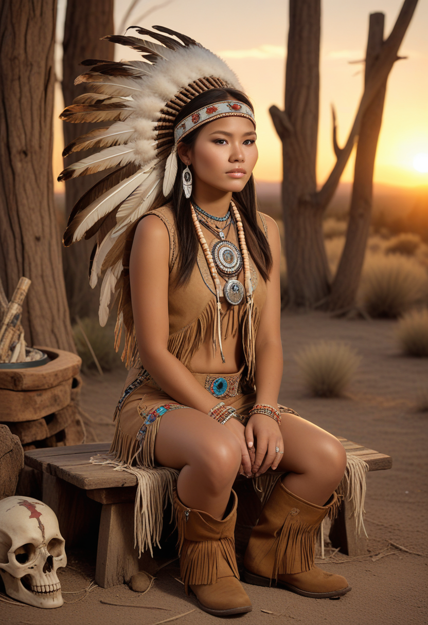 ((fashion photography)), perfect face, perfect eyes, (medium full shot) of  (celestial young woman from the Navajo tribe), Medium, short hair, wearing Beaded buckskin vest, fringed buckskin pants, feathered headpiece, moccasin boots, leather pouch with intricate beadwork and quillwork, set in  Altar Area, Central platform adorned with feathers and sacred symbols, carved wooden prayer benches arranged around it, offering bowls filled with tobacco and sweetgrass, a smudging bowl emitting fragrant smoke, a buffalo skull resting solemnly nearby , at sunset, smiling at the viewer, masterpiece, best quality, photorealistic, very aesthetic