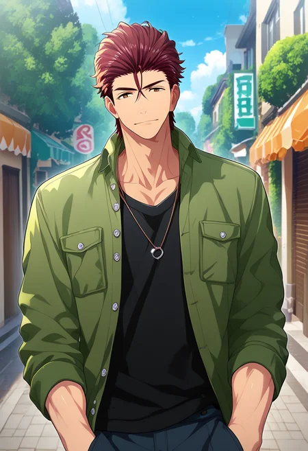 1boy, male focus,
 <lora:Character - Kenka Bancho Otome - Houou Onigashima:1> houou, brown eyes, red hair, hair slicked back, 
((zPDXL)), score_9_up, score_8_up, score_7_up, score_6_up, score_5_up, score_4_up, best quality, amazing quality, best aesthetic, absurdres, year2023, nsfw, game cg, official art, official style, uncensored,
<lora:Style - Ecstasy_Emperess:0.5> emper3ss, looking at viewer,
outdoors, street,
ring necklace, green jacket, black tanktop,
