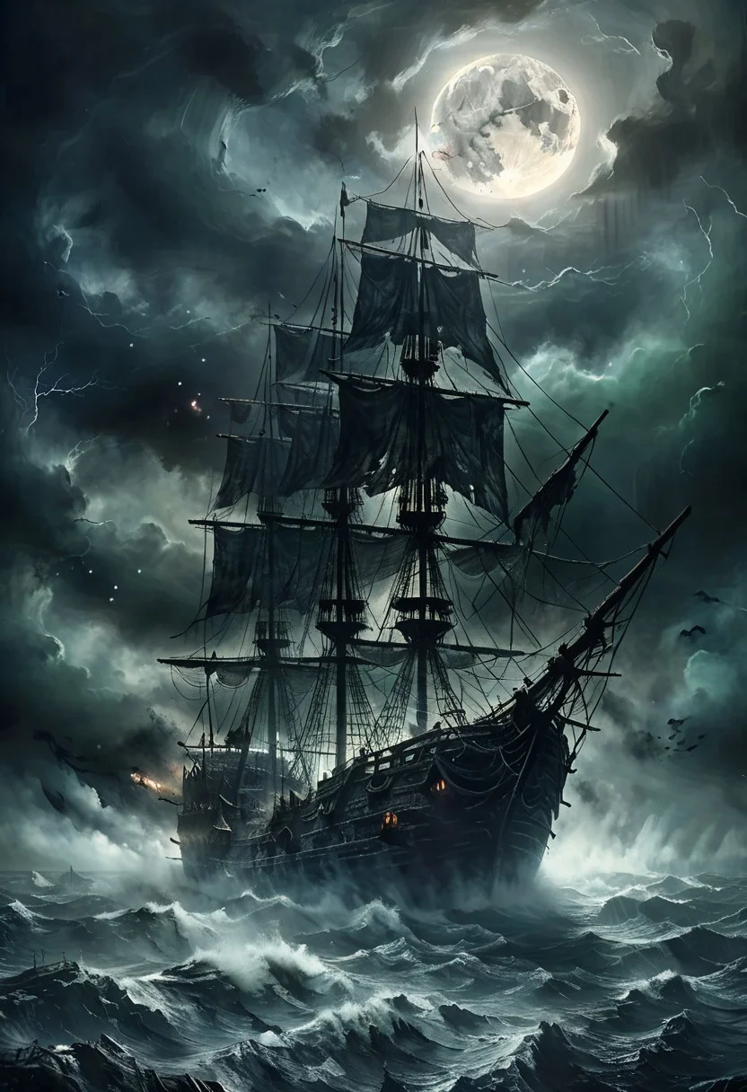 epic picture, ultra detailed illustration, very high quality, 8k, masterpiece, best quality, hyper detailed, (cinematic wide shot) , ultra intricately detailed textures, A dark and eerie ghost pirate ship emerges from the fog, black flag, skull pattern, moon, storm, hurricane, horror, creepy, lightning, (greenish light:1.3)