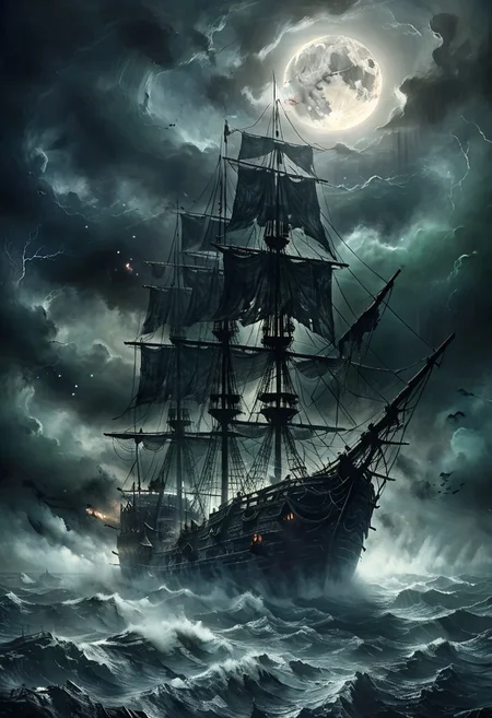 epic picture, ultra detailed illustration, very high quality, 8k, masterpiece, best quality, hyper detailed, (cinematic wide shot) , ultra intricately detailed textures, A dark and eerie ghost pirate ship emerges from the fog, black flag, skull pattern, moon, storm, hurricane, horror, creepy, lightning, (greenish light:1.3)