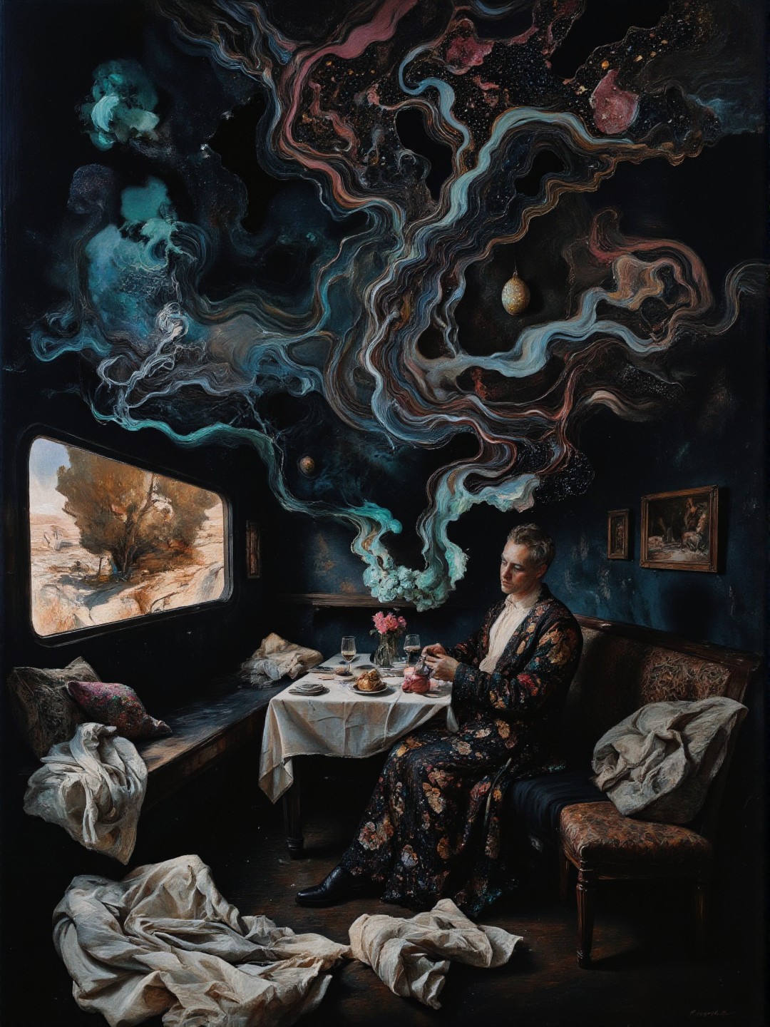 Color Field Painting <lora:AS_3:0.6>, low-angle view, Greek, water theme, white-toned photo of an abyssal adult punk clothed feathered pouting an expeditionary force dining in a bright decrepit Car Park, intricate black and teal and copper Voronoi details, eldritch, ethereal, billowing dark dust, very detailed, ground fog The background is a dark marbled art paper with indigo and pink and brass long swirling light trails made of stone glass. <lora:flux.1_lora_flyway_Epic-detail_v2:0.55> <lora:flux_realism_lora:0.35> <lora:Midjourney_Whisper_Chromaplex_Velvet_Myst_v01:0.25> <lora:di-filigree-relief_v10-11:0.25>