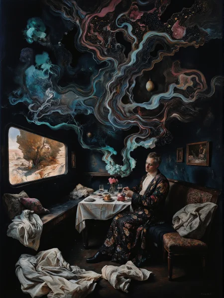 Color Field Painting <lora:AS_3:0.6>, low-angle view, Greek, water theme, white-toned photo of an abyssal adult punk clothed feathered pouting an expeditionary force dining in a bright decrepit Car Park, intricate black and teal and copper Voronoi details, eldritch, ethereal, billowing dark dust, very detailed, ground fog The background is a dark marbled art paper with indigo and pink and brass long swirling light trails made of stone glass. <lora:flux.1_lora_flyway_Epic-detail_v2:0.55> <lora:flux_realism_lora:0.35> <lora:Midjourney_Whisper_Chromaplex_Velvet_Myst_v01:0.25> <lora:di-filigree-relief_v10-11:0.25>