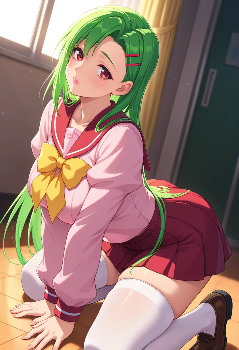 masterpiece, best quality, amazing quality, absurdres, 1girl, solo, kaorukoww, mature female, red eyes, green hair, long hair, very long hair, hairclip, pink lips, large breasts, school uniform, pink serafuku, red pleated skirt, white thighhighs, loafers, <lora:Miyoshi_Kaoruko_Gakuen_Saimin_Reido_ill:0.8>, on all fours, arching back slightly, head tilted up, looking forward, bare thighs, hips raised, skindentation, detailed clothing folds, depth of field, sharp, high contrast, dynamic light