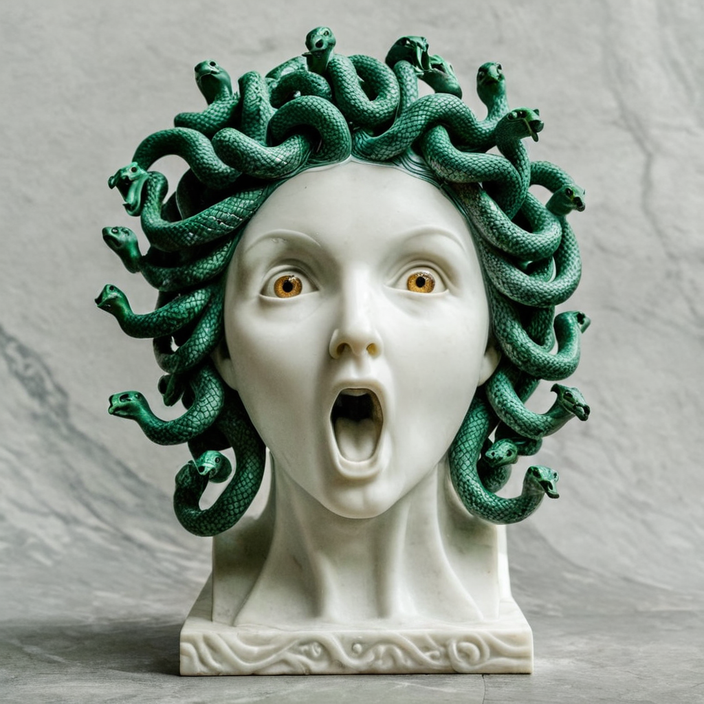 <lora:perfection style:0.3> perfection style
<lora:sculpture v3:0.9>
Marble sculpture a statue of  <lora:Medusa:1>
Medusa staring screaming at camera with big eyes