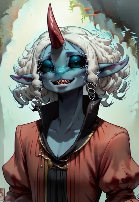 1 person, Kufr, blue skin, single horn, white hair, curly hair, black sclera, red horn, pointy ears, small ears, androgynous, ((slim figure, sleek skin)), ((flat nose:1.2, nasal slits)):1.8, thin lips, sharp teeth,
Looking at viewer, facing viewer, friendly expression, smiling,
((Extreme close up, headshot, detailed face)), ((head focus, straight view, high angle)), variety,
clean lines, smooth colors, sfw, source: semi-realistic, medieval style, rating: pg, score: 8 up, score: 9