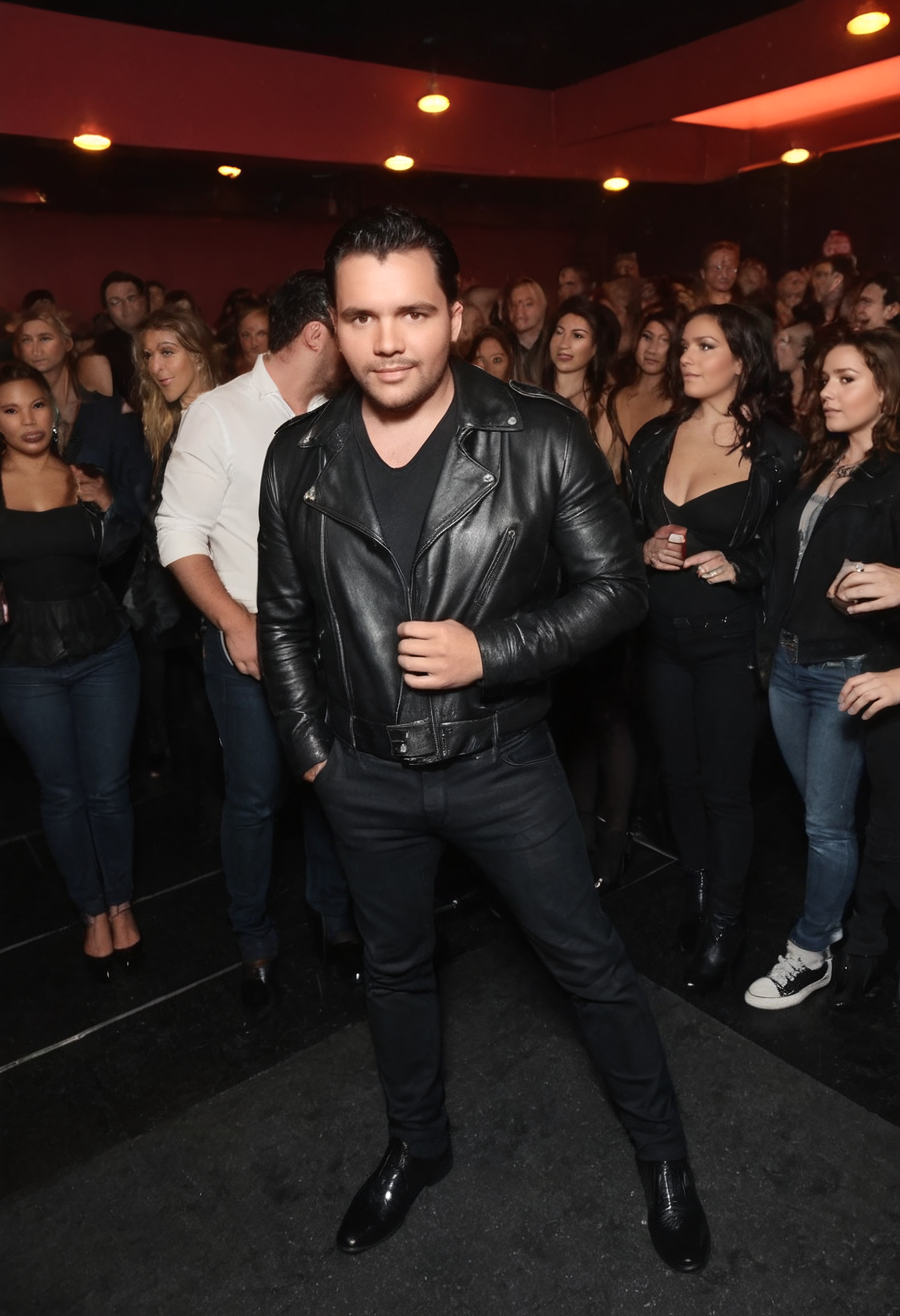 full body portrait, cinematic film still photo of a man in a dark nightclub posing with hot women, neon lights, dancefloor, arielface, black leather jacket, jeans, white shirt, surrounded by many women,
In cinematic film style, rule of thirds style, sharp focus, detailed image, high quality cinematic photography, dramatic light style, cinematic background, cinematic contrast, cinematic saturation, cinematic film color style, visual artistic composition style, cinematic film style,    photorealistic, shallow depth of field, vignette, highly detailed, high budget, bokeh, cinemascope, moody, epic, gorgeous, film grain, grainy <lora:MyFace_LoRA:0.8000000000000002>