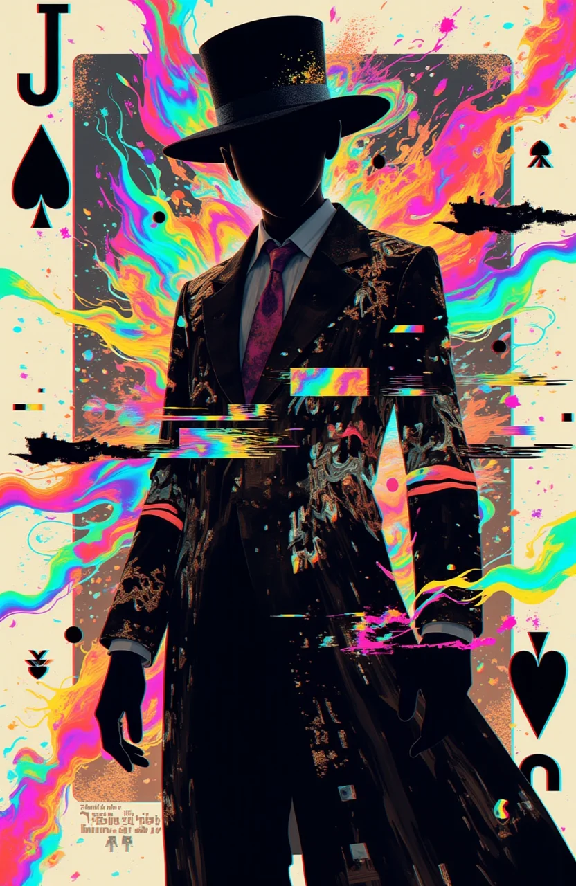 psycho_4rt, glitch art, surrealism, abstract composition, the Joker's silhouette as the central figure, dark yet vibrant colors, (playing card background: Joker card), intricate and fragmented designs resembling digital errors, distorted patterns, bold contrasting hues, (psychedelic effects:1.3), flowing textures and surreal shapes. The Joker is surrounded by glitchy distortions, broken pixel art effects, vibrant light streaks, and surreal dreamlike haze. The entire composition merges with the theme of a Joker playing card, with card details subtly embedded in the design. High detail, cinematic lighting, atmospheric and moody, visually striking.