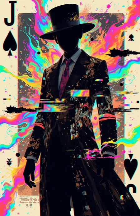 psycho_4rt, glitch art, surrealism, abstract composition, the Joker's silhouette as the central figure, dark yet vibrant colors, (playing card background: Joker card), intricate and fragmented designs resembling digital errors, distorted patterns, bold contrasting hues, (psychedelic effects:1.3), flowing textures and surreal shapes. The Joker is surrounded by glitchy distortions, broken pixel art effects, vibrant light streaks, and surreal dreamlike haze. The entire composition merges with the theme of a Joker playing card, with card details subtly embedded in the design. High detail, cinematic lighting, atmospheric and moody, visually striking.