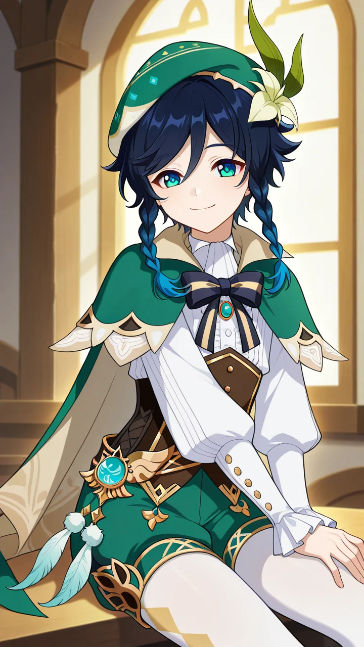 smile, solo,, masterpiece, best quality, amazing quality, very aesthetic, absurdres, newest, anime screencap, <lora:ventiILM:1>, venti (genshin impact), short hair with long locks, aqua hair, green eyes, aqua eyes, blue hair, black hair, braid, gradient hair, twin braids, side braids, hair between eyes, androgynous, beret, vest, collared cape, green hat, green cape, cecilia flower (genshin impact), green shorts, hat flower, white flower, hair flower, hair ornament, black bow, bow, bowtie, frilled sleeves, frills, long sleeves, striped bow, white pantyhose, pantyhose under shorts, white shirt,