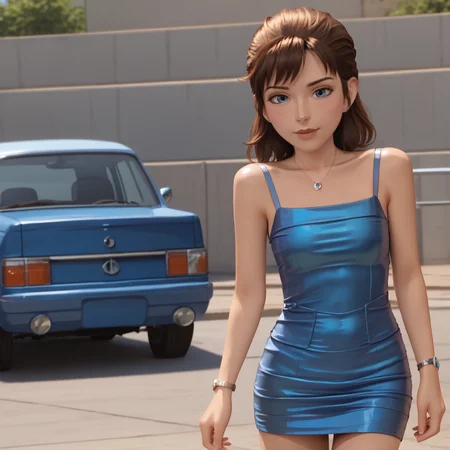 <lora:laetitia_pony_v1:.8>LaetitiaSecurity, 1girl, blue eyes,  brown hair, cowboy shot,  <lora:0878 Laser nightclub skirt_v1_pony:1> ruanyi0878,blue dress,short skirt, skirt,