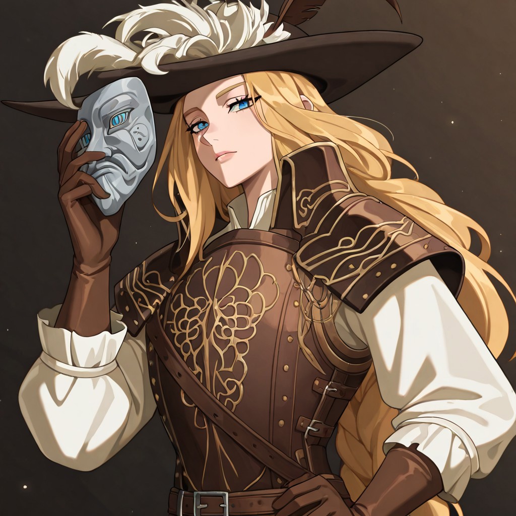 masterpiece, best quality, newest, absurdres, highres, anime, anime style,
1girl, DS2Luc-V1.1, blonde, armor, hat, tricorne, brown gloves, long sleeves, hat feather, blue eyes, long hair,  DS2Luc-V1.1-mask, mask, holding mask, holding