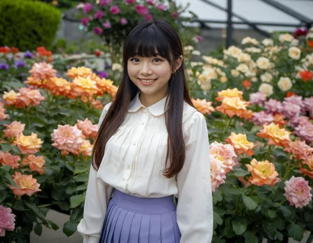 Hight detail RAW color photo, professional photograph, (Strong saturation:2.0),
beautiful japanese woman, 20 yo, Straight long hair with bangs, Big round eyes, smiling,
Long sleeve collared blouse and A Pleated loose skirt,
Colorful flowers blooming in the garden, <lora:roseyard:1>