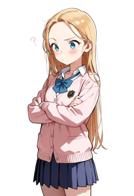 Score_9, Score_8_up, Score_7_up, Score_6_up, Score_5_up, Score_4_up, (masterpiece, best quality:1.2), soft_lighting, soft_skin_tone,
BREAK
1girl, sashachan, blonde hair, long hair, cardigan, school uniform, pleated skirt, curious, one eyebrow raised, arms crossed,
BREAK
white background, simple background