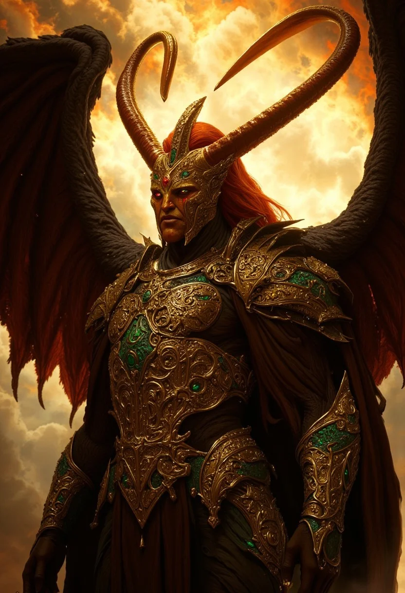 A fierce and otherworldly demonic female warrior stands bathed in the fiery glow of an apocalyptic sky. Her hair, a vivid shade of fiery red, is tied back tightly, emphasizing her sharp, angular features. Her golden armor is a masterpiece of craftsmanship, intricately carved with filigree and ancient demonic symbols, with tarnished greenish-black accents that hint at centuries of wear. Her face is marked with runic carvings, and crimson tears streak from her glowing, blood-red eyes, giving her an air of divine fury and sorrow.
Towering horns curve upward from her head, gleaming with a metallic sheen. Behind her, massive black feathered wings spread wide, their edges singed and glinting faintly in the fiery light. The background is a turbulent sky filled with smoke and fire, adding to the chaotic, apocalyptic atmosphere. Her expression is fierce and unyielding, embodying strength, menace, and tragic beauty. Art style: hyper-realistic, dark fantasy, and intricately detailed textures.