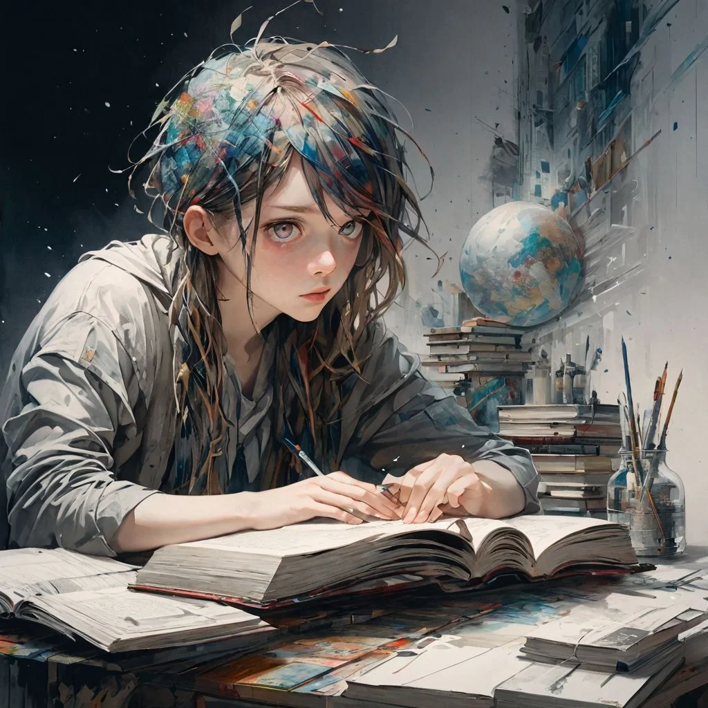 A young student sideways leaning on the desk, focused on studying books, by Minjae Lee, Carne Griffiths, Emily Kell, Steve McCurry, Geoffroy Thoorens, Aaron Horkey, Jordan Grimmer, Greg Rutkowski, amazing depth,high resolution, ink painting