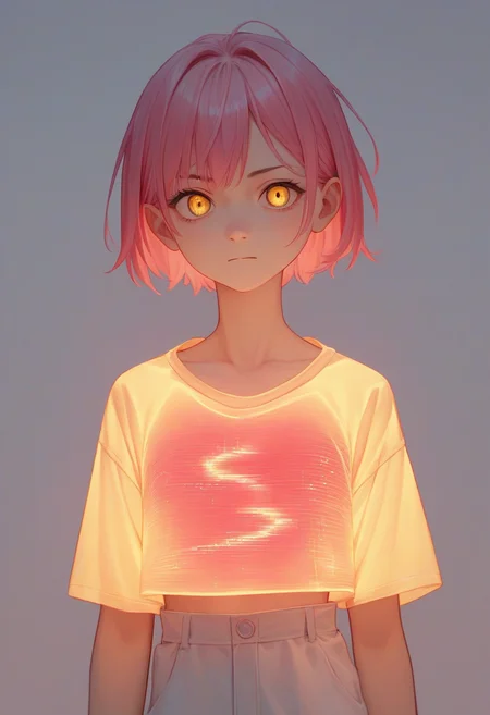 score_9, score_8_up, score_7_up, score_6_up, source_anime, <lora:laser_light_clothes_v0.5-pony:1>
1girl, short hair, pink hair, yellow eyes, 
laser light shirt,