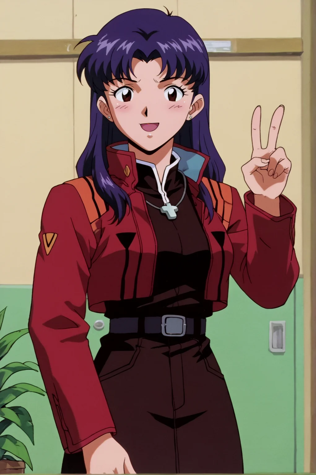 score_9, score_8_up, score_7_up,anime_source, source_anime, best background, detailed background, anime screencap, misato katsuragi, army costume, seductive smile, blush, victory fingers, v fingers, dynamic angle, indoors, cowboy shot, <lora:JN_Misato_Katsuragi:0.8>