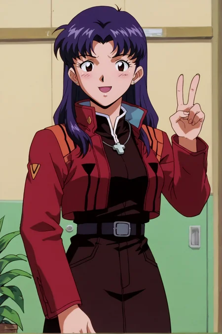 score_9, score_8_up, score_7_up,anime_source, source_anime, best background, detailed background, anime screencap, misato katsuragi, army costume, seductive smile, blush, victory fingers, v fingers, dynamic angle, indoors, cowboy shot, <lora:JN_Misato_Katsuragi:0.8>