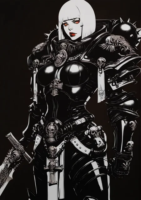 cowboy shot,limited color palette,lineart,vector,
edgAdepta, 1girl, solo,bob cut, weapon, white hair,one handed sword, lips, gauntlets, skull ,wearing edgAdepta,power armor,pauldrons,skull emblem, <lora:edgIllustriousXLAdeptaSororitas:0.85>
very aesthetic, masterpiece, best quality, very aesthetic, highres, absurdres, sensitive
<lora:edgIllustriousXL_Flatstylelr:1>