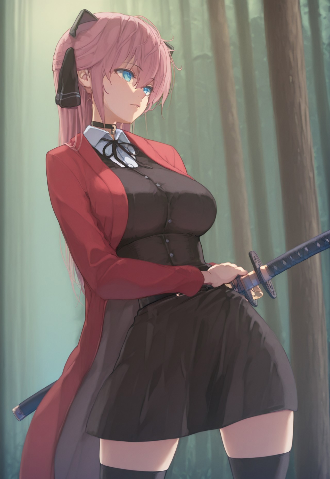 Masterpiece, best quality, ultra-detailed, expressive, outdoor jungle background, anime, anime, anime, 1girl, solo, Vivi, pink hair, blue eyes, large breasts, choker, black ribbon, red coat, white shirt, bangs, short skirt, black thighhighs, black dress, battle pose, katana, unseating katana, iaidou,weapon, katana, holding sword, ready to draw, sheathed, unsheathing, scabbard,