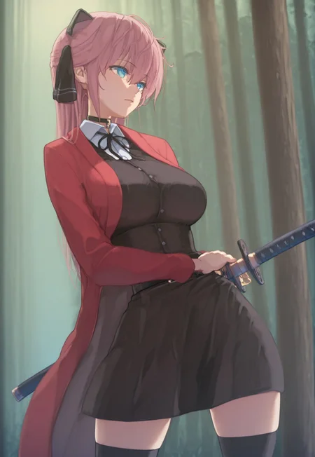 Masterpiece, best quality, ultra-detailed, expressive, outdoor jungle background, anime, anime, anime, 1girl, solo, Vivi, pink hair, blue eyes, large breasts, choker, black ribbon, red coat, white shirt, bangs, short skirt, black thighhighs, black dress, battle pose, katana, unseating katana, iaidou,weapon, katana, holding sword, ready to draw, sheathed, unsheathing, scabbard,